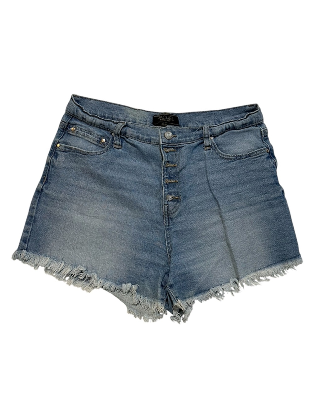 Rachel Medium Blue Button-Front Frayed Hem Denim Shorts